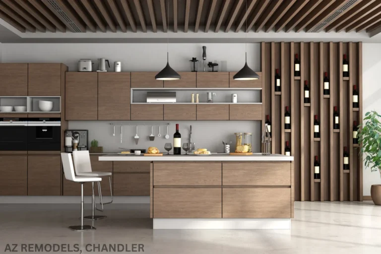 A modern and unique kitchen with brown finishing